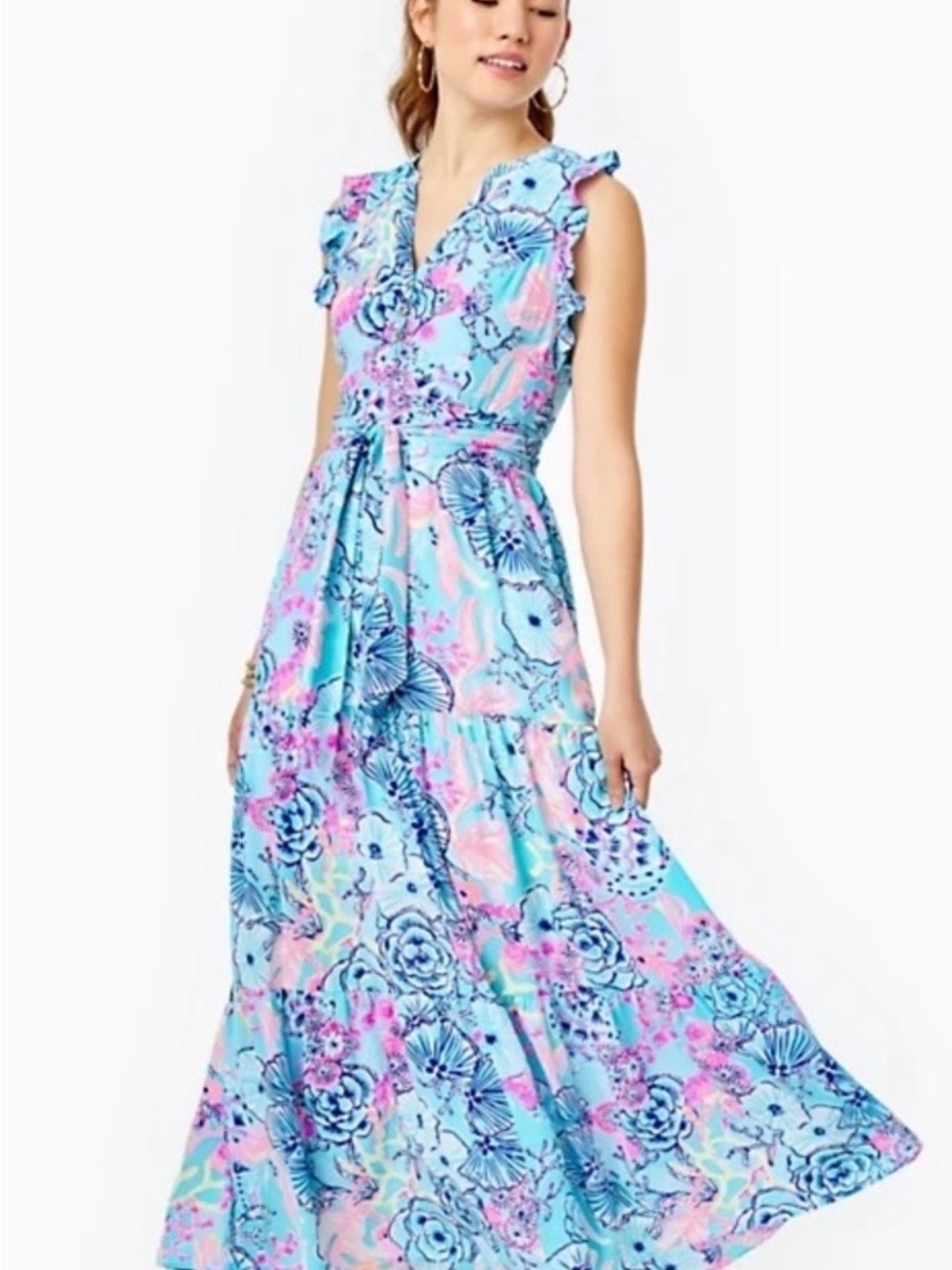 Lilly Pulitzer Destini Blue Pink Floral Ruffle Maxi Dress size 12